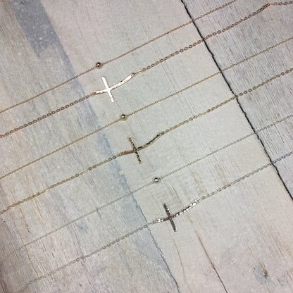 Hammered Curved Sideways Cross Necklace Set | Set of 2 Layered Necklaces