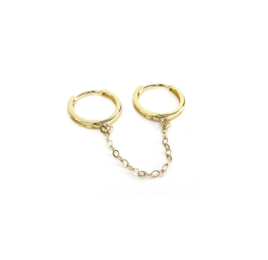 14K Double Piercing Hoops with Chain | Connected Hoop Earrings