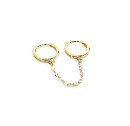 14K Double Piercing Hoops with Chain | Connected Hoop Earrings