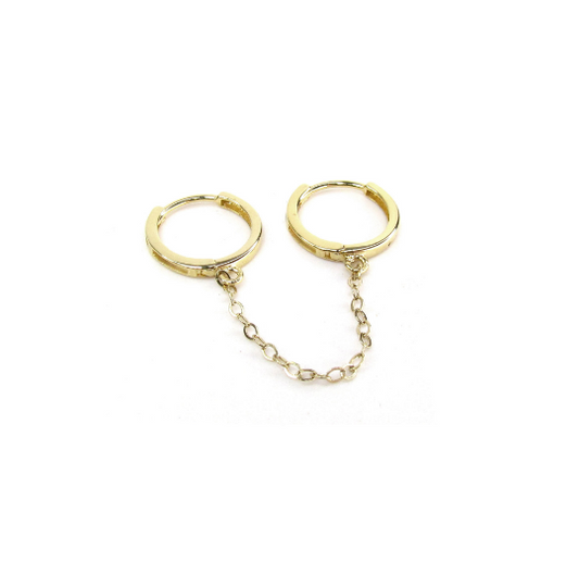 14K Double Piercing Hoops with Chain | Connected Hoop Earrings