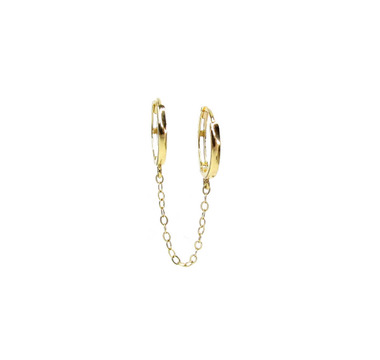 14K Double Piercing Hoops with Chain | Connected Hoop Earrings