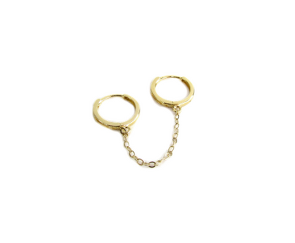 14K Double Piercing Hoops with Chain | Connected Hoop Earrings