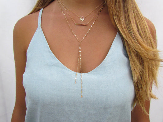 Set of 3 Layering Necklaces | Hammered Disc, Engraved Bar & Textured Long Y Lariat