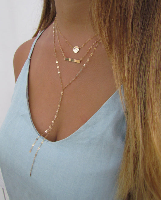 Set of 3 Layering Necklaces - Hammered Disc, Modern Engraved Bar and Long Y Textured Lariat Necklace