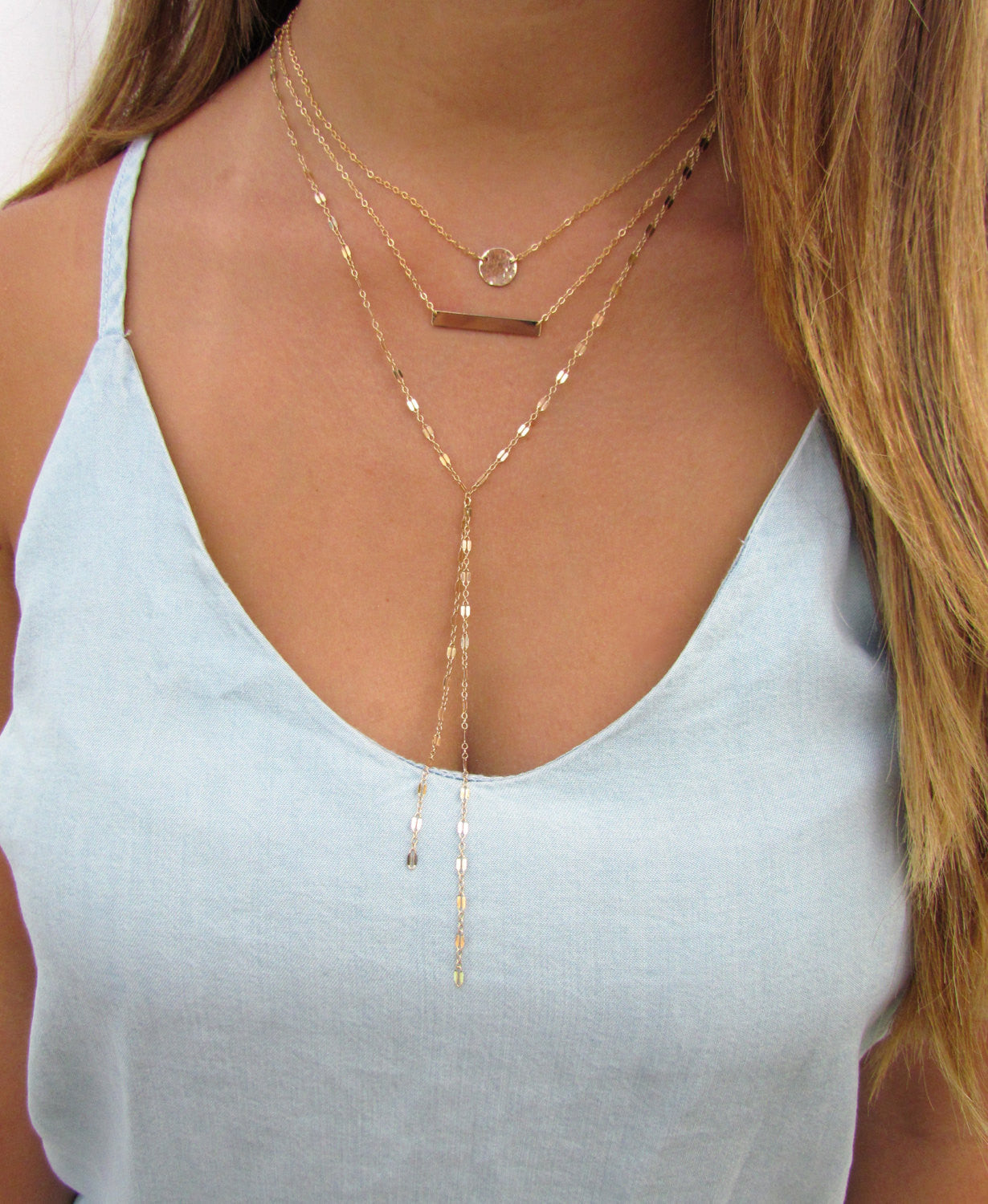 Set of 3 Layering Necklaces | Hammered Disc, Engraved Bar & Textured Long Y Lariat