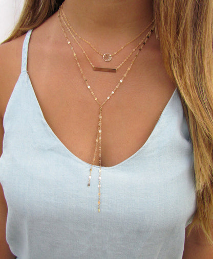 Set of 3 Layering Necklaces | Hammered Disc, Engraved Bar & Textured Long Y Lariat