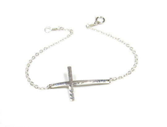 Skinny Sideways Cross Bracelet | Hammered or Polished