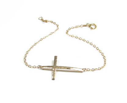Skinny Sideways Cross Bracelet | Hammered or Polished