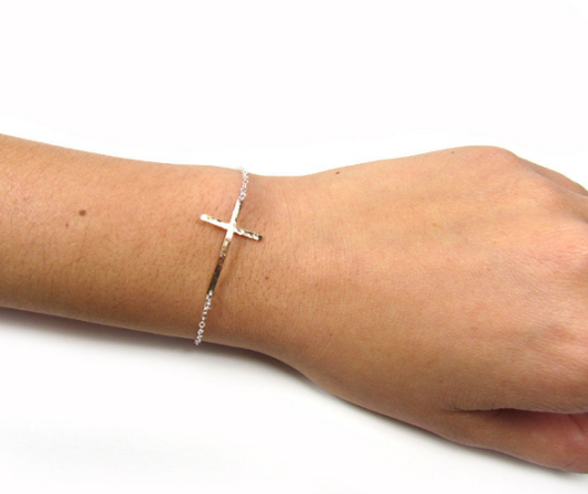 Skinny Sideways Cross Bracelet | Hammered or Polished