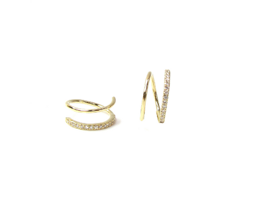 14K Solid Gold Diamond Spiral Earrings | Double Piercing Hoop Illusion