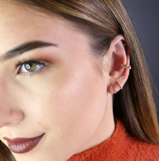 14K Solid Gold Diamond Spiral Earrings | Double Piercing Hoop Illusion