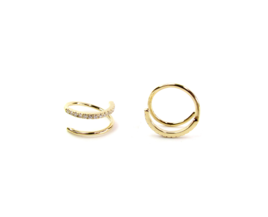 14K Solid Gold Diamond Spiral Earrings | Double Piercing Hoop Illusion