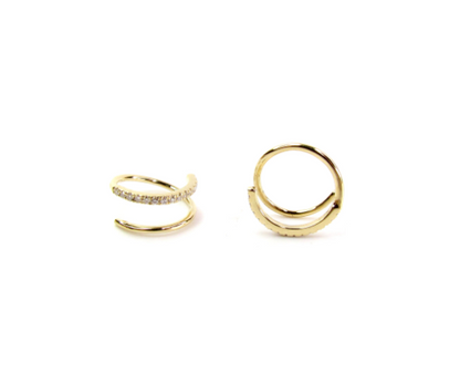 14K Solid Gold Diamond Spiral Earrings | Double Piercing Hoop Illusion