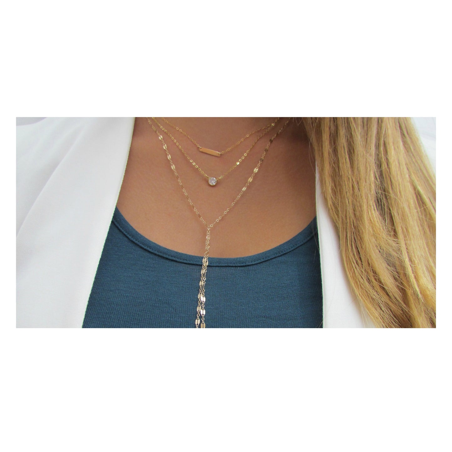 Layered Necklace Set | Tiny Bar, CZ Pendant & Lariat Chain