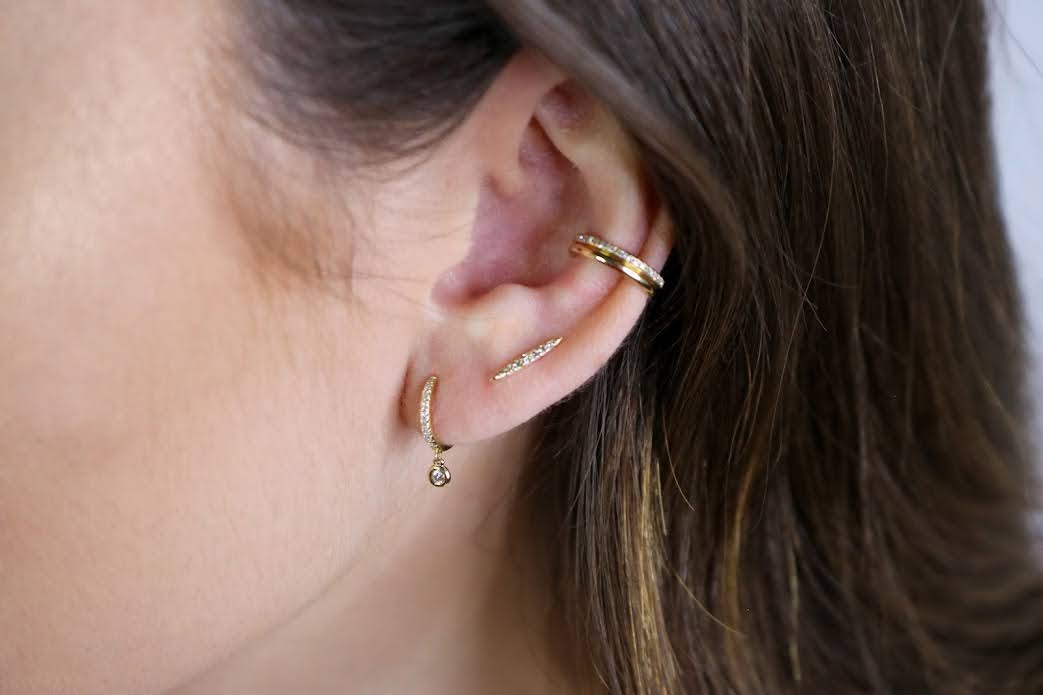 14 Karat Gold Diamond Hoop with Diamond Drop | Solid Gold Fine Jewelry