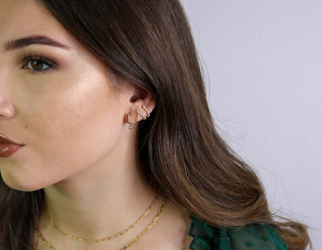 14k Gold Diamond Double J Wrap Hoop Earrings | Pavé Set Hugging Hoops