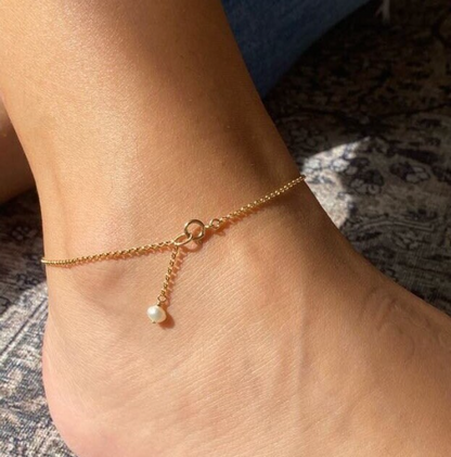 Dangling Pearl Anklet | Dainty Rolo Chain Anklet with Pearl Drop