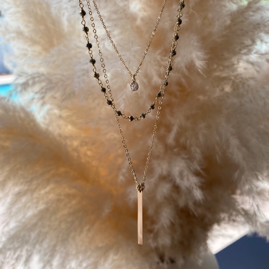 Gold Filled Layered Necklace Set | CZ Drop, Gemstone Beads, and Bar Pendant