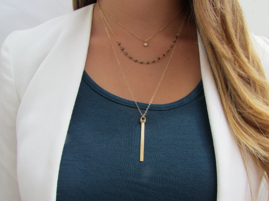 Gold Filled Layered Necklace Set | CZ Drop, Gemstone Beads, and Bar Pendant