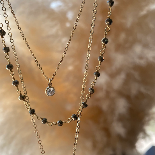 Gold Filled Layered Necklace Set | CZ Drop, Gemstone Beads, and Bar Pendant