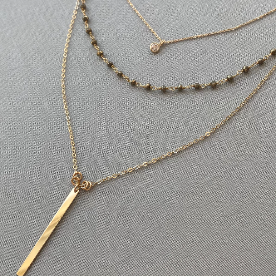 Gold Filled Layered Necklace Set | CZ Drop, Gemstone Beads, and Bar Pendant