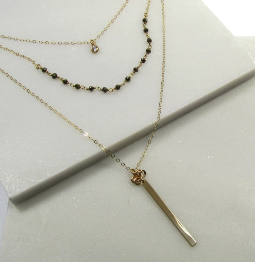 Gold Filled Layered Necklace Set | CZ Drop, Gemstone Beads, and Bar Pendant