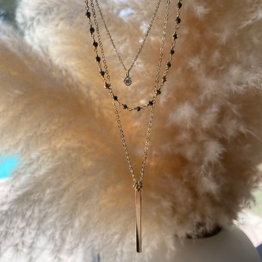 Gold Filled Layered Necklace Set | CZ Drop, Gemstone Beads, and Bar Pendant